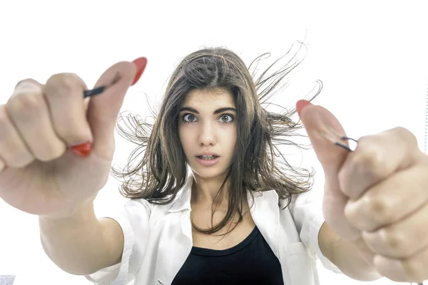 Girl having Electric Shock, electricity problems, Girl holds — Stock Photo, Image